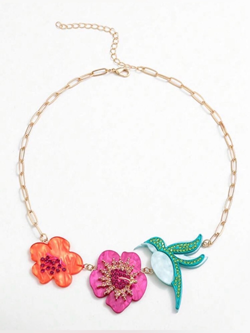 NWT Colorful Floral & Hummingbird Statement Necklace - Pink, Orange, Teal - Picture 2 of 3